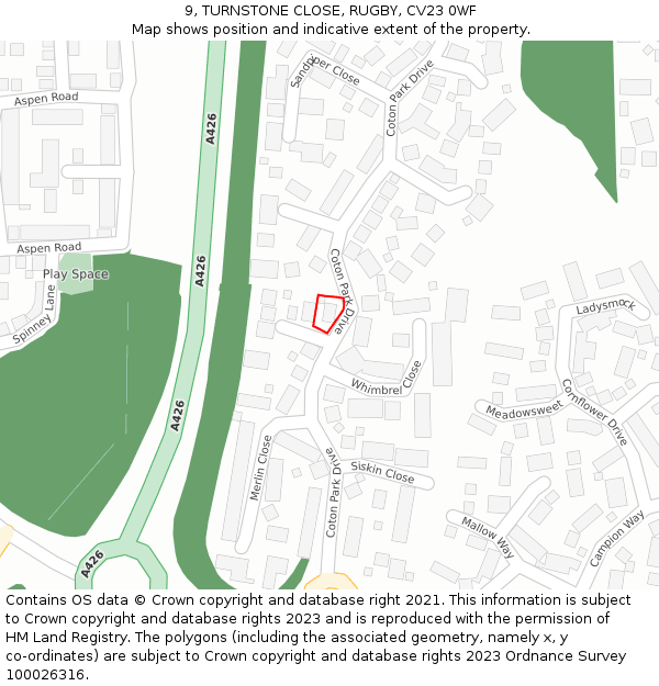 9, TURNSTONE CLOSE, RUGBY, CV23 0WF: Location map and indicative extent of plot