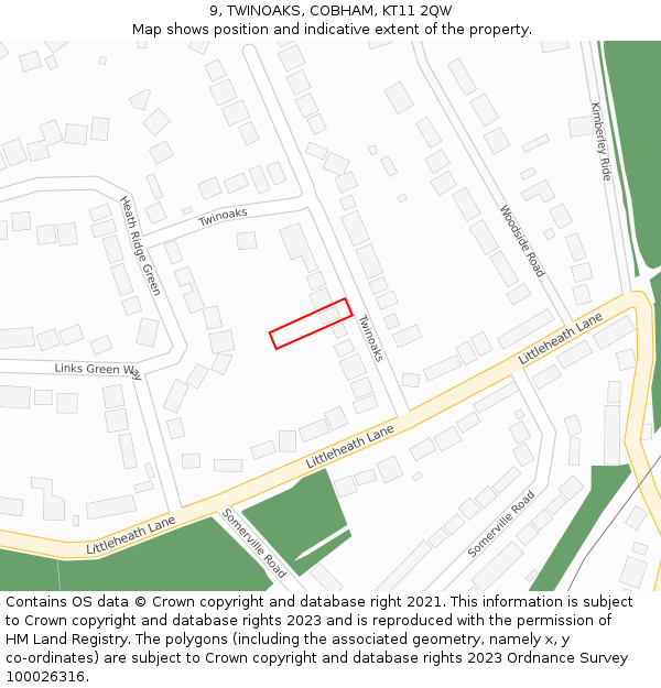 9, TWINOAKS, COBHAM, KT11 2QW: Location map and indicative extent of plot