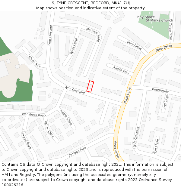 9, TYNE CRESCENT, BEDFORD, MK41 7UJ: Location map and indicative extent of plot