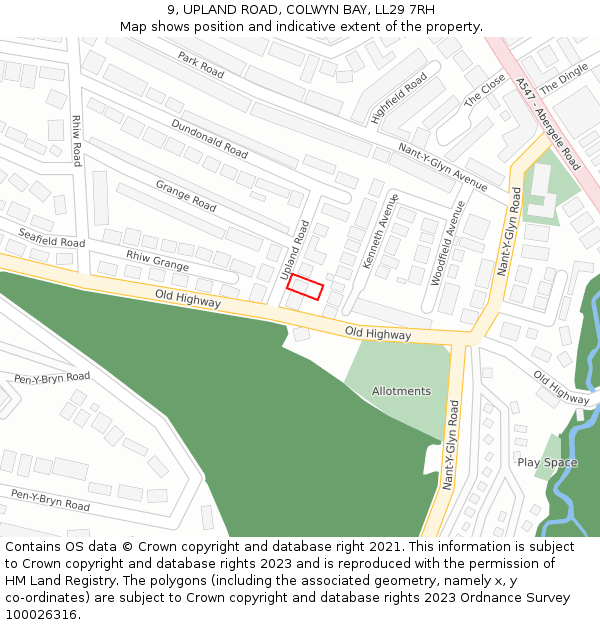 9, UPLAND ROAD, COLWYN BAY, LL29 7RH: Location map and indicative extent of plot