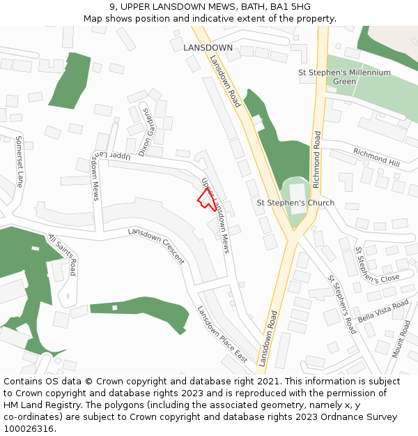 9, UPPER LANSDOWN MEWS, BATH, BA1 5HG: Location map and indicative extent of plot