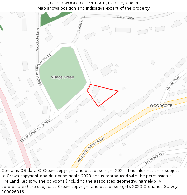 9, UPPER WOODCOTE VILLAGE, PURLEY, CR8 3HE: Location map and indicative extent of plot