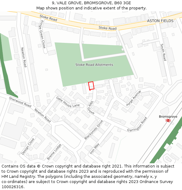 9, VALE GROVE, BROMSGROVE, B60 3GE: Location map and indicative extent of plot