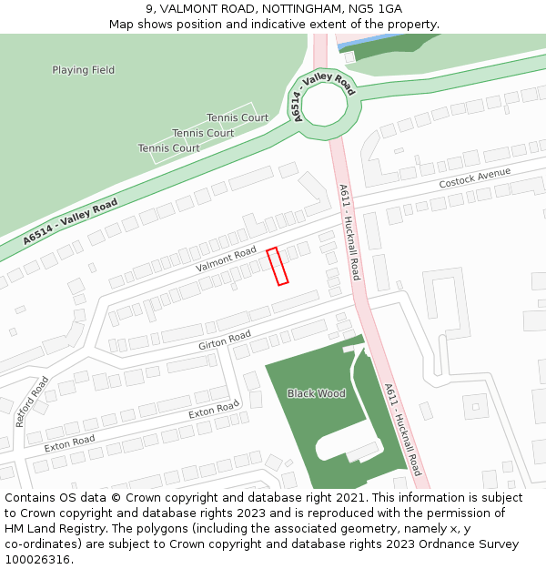 9, VALMONT ROAD, NOTTINGHAM, NG5 1GA: Location map and indicative extent of plot