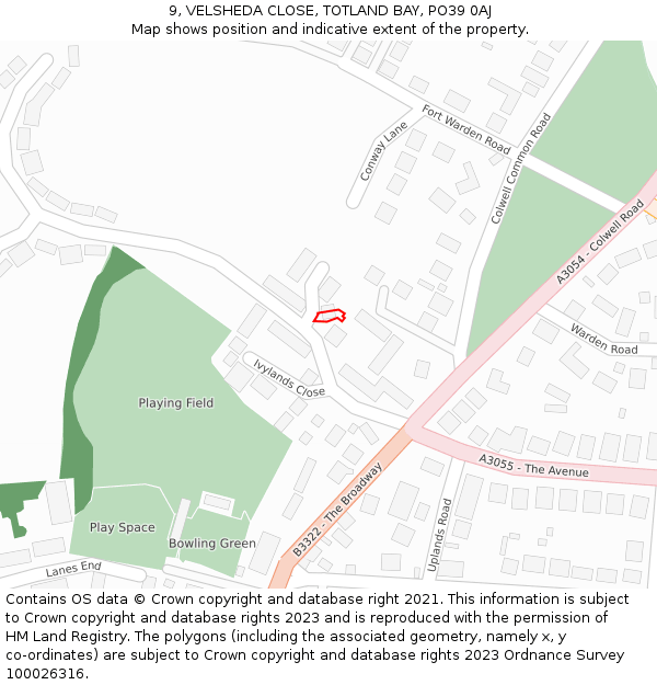 9, VELSHEDA CLOSE, TOTLAND BAY, PO39 0AJ: Location map and indicative extent of plot