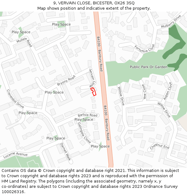 9, VERVAIN CLOSE, BICESTER, OX26 3SQ: Location map and indicative extent of plot