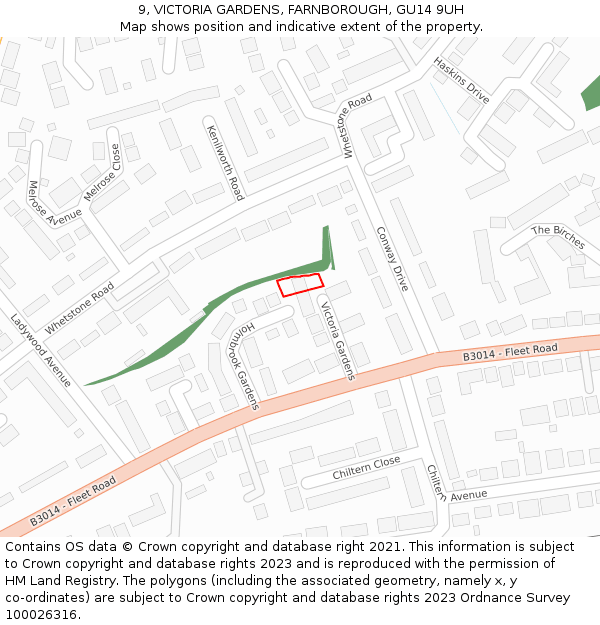 9, VICTORIA GARDENS, FARNBOROUGH, GU14 9UH: Location map and indicative extent of plot