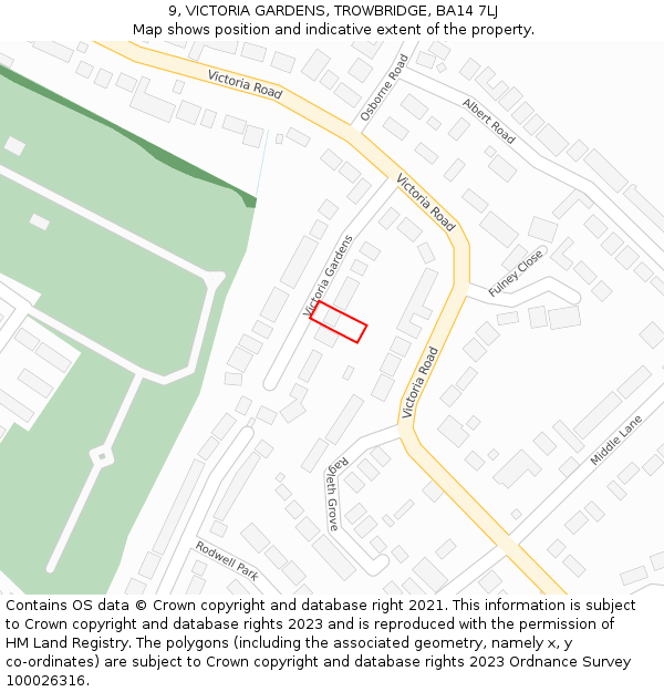 9, VICTORIA GARDENS, TROWBRIDGE, BA14 7LJ: Location map and indicative extent of plot