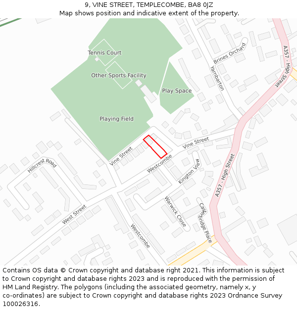 9, VINE STREET, TEMPLECOMBE, BA8 0JZ: Location map and indicative extent of plot