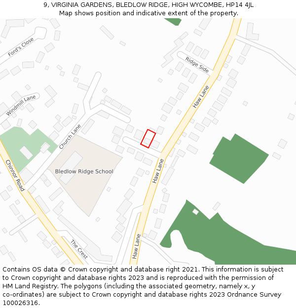 9, VIRGINIA GARDENS, BLEDLOW RIDGE, HIGH WYCOMBE, HP14 4JL: Location map and indicative extent of plot
