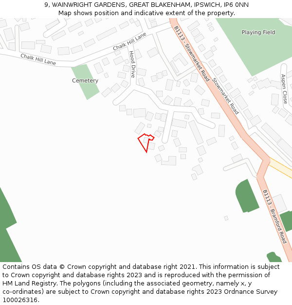 9, WAINWRIGHT GARDENS, GREAT BLAKENHAM, IPSWICH, IP6 0NN: Location map and indicative extent of plot