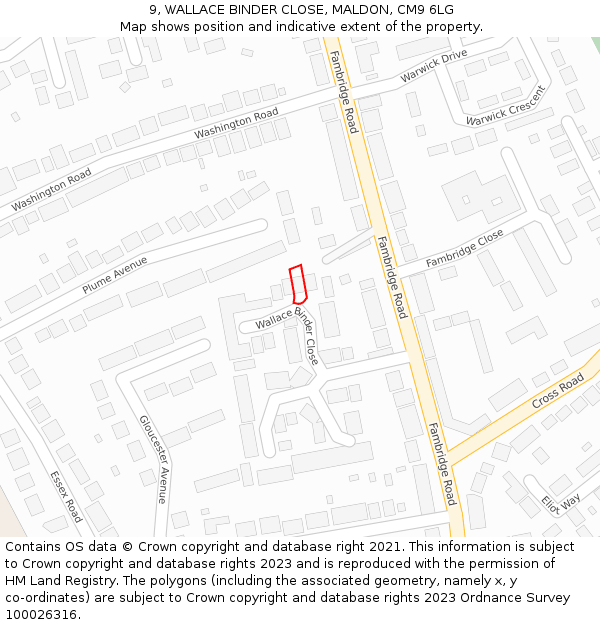 9, WALLACE BINDER CLOSE, MALDON, CM9 6LG: Location map and indicative extent of plot