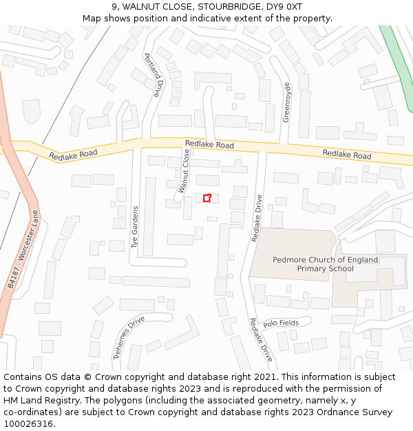 9, WALNUT CLOSE, STOURBRIDGE, DY9 0XT: Location map and indicative extent of plot