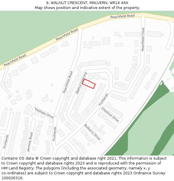 9, WALNUT CRESCENT, MALVERN, WR14 4AX: Location map and indicative extent of plot