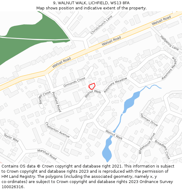 9, WALNUT WALK, LICHFIELD, WS13 8FA: Location map and indicative extent of plot