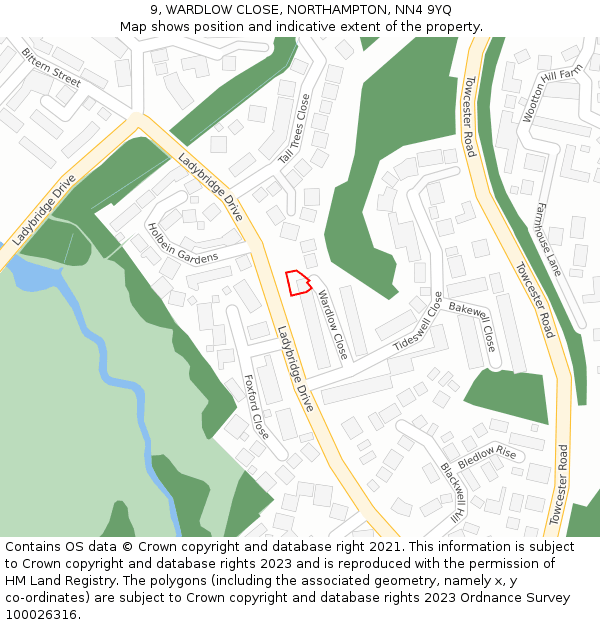 9, WARDLOW CLOSE, NORTHAMPTON, NN4 9YQ: Location map and indicative extent of plot