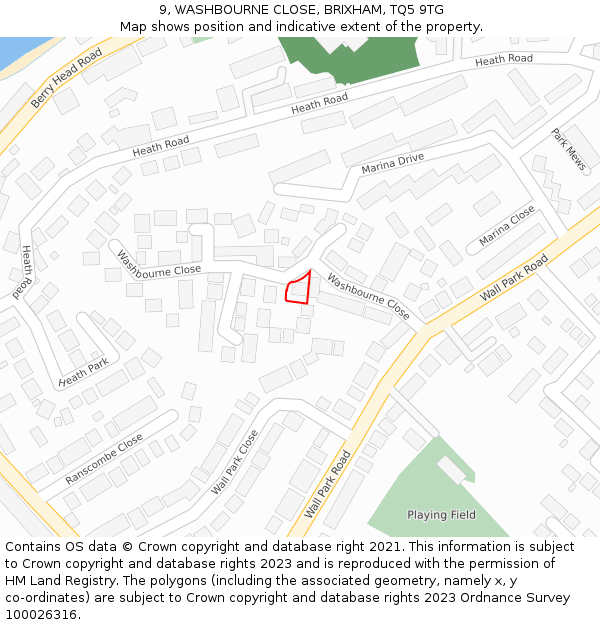 9, WASHBOURNE CLOSE, BRIXHAM, TQ5 9TG: Location map and indicative extent of plot