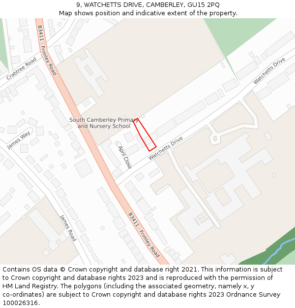 9, WATCHETTS DRIVE, CAMBERLEY, GU15 2PQ: Location map and indicative extent of plot