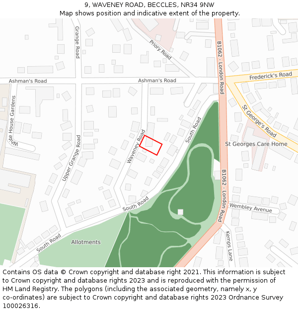 9, WAVENEY ROAD, BECCLES, NR34 9NW: Location map and indicative extent of plot