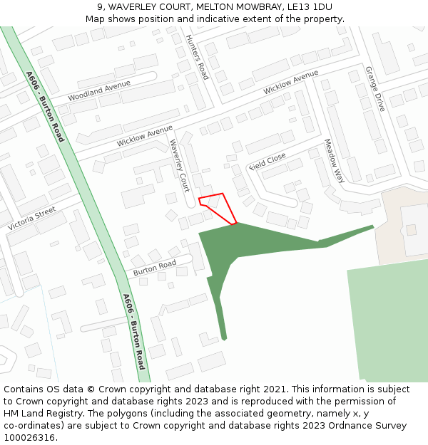 9, WAVERLEY COURT, MELTON MOWBRAY, LE13 1DU: Location map and indicative extent of plot