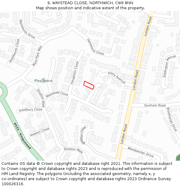 9, WAYSTEAD CLOSE, NORTHWICH, CW9 8NN: Location map and indicative extent of plot