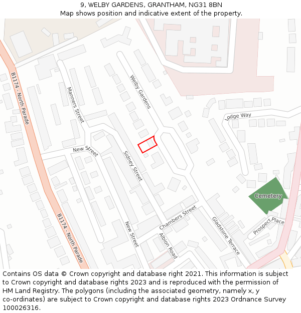 9, WELBY GARDENS, GRANTHAM, NG31 8BN: Location map and indicative extent of plot