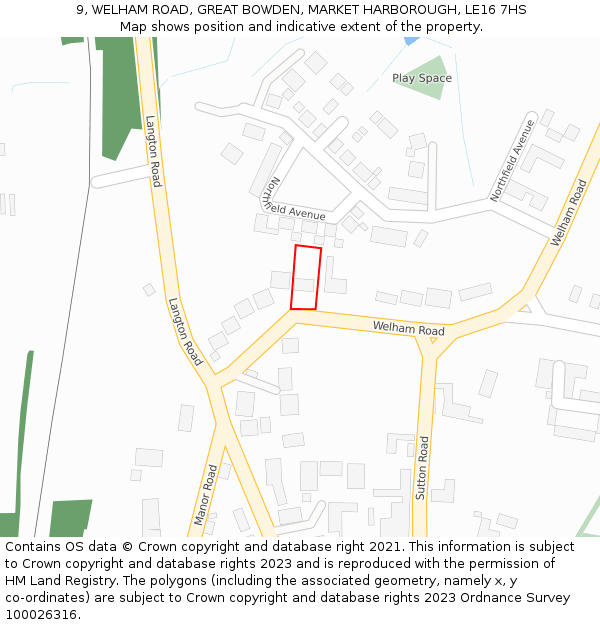 9, WELHAM ROAD, GREAT BOWDEN, MARKET HARBOROUGH, LE16 7HS: Location map and indicative extent of plot