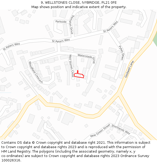 9, WELLSTONES CLOSE, IVYBRIDGE, PL21 0FE: Location map and indicative extent of plot