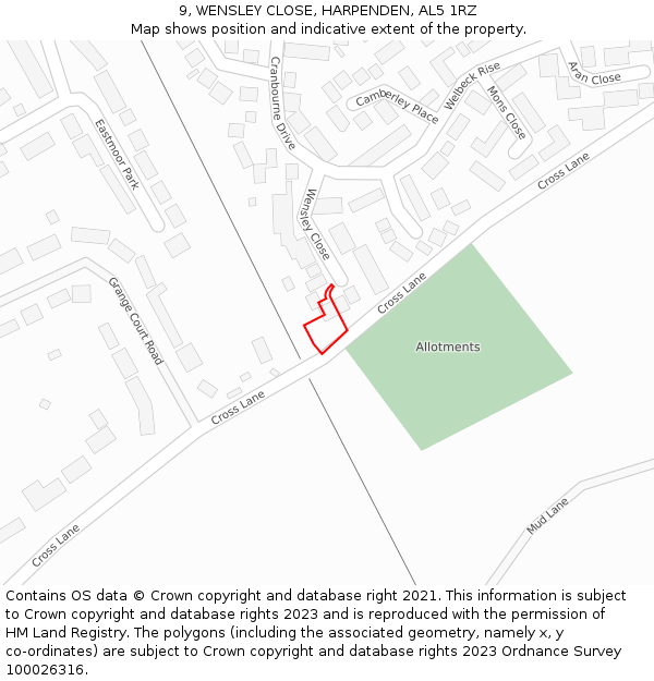 9, WENSLEY CLOSE, HARPENDEN, AL5 1RZ: Location map and indicative extent of plot