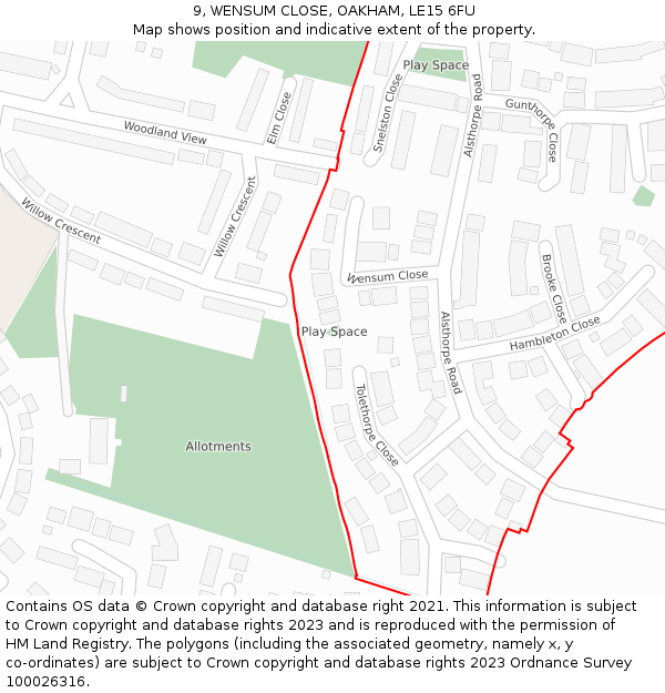 9, WENSUM CLOSE, OAKHAM, LE15 6FU: Location map and indicative extent of plot