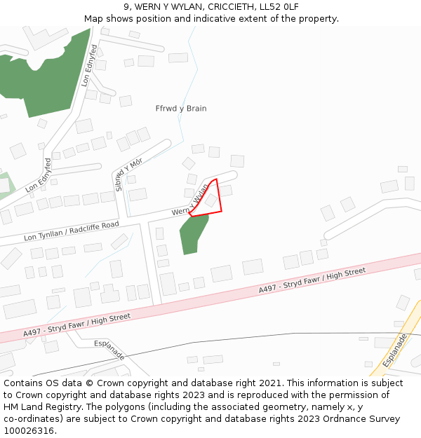 9, WERN Y WYLAN, CRICCIETH, LL52 0LF: Location map and indicative extent of plot