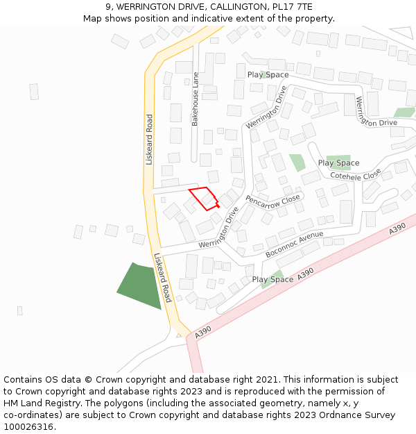 9, WERRINGTON DRIVE, CALLINGTON, PL17 7TE: Location map and indicative extent of plot