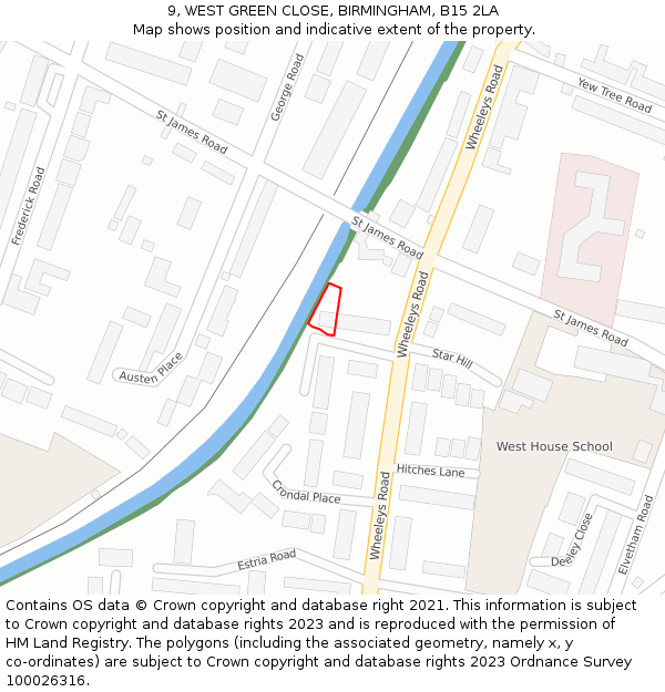 9, WEST GREEN CLOSE, BIRMINGHAM, B15 2LA: Location map and indicative extent of plot