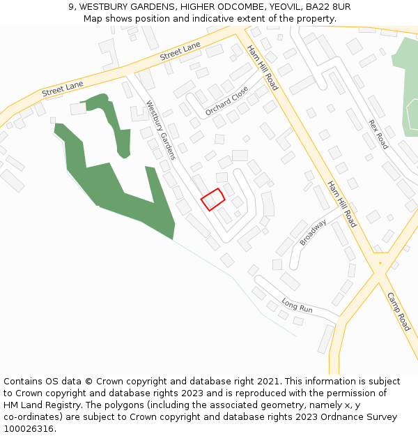 9, WESTBURY GARDENS, HIGHER ODCOMBE, YEOVIL, BA22 8UR: Location map and indicative extent of plot