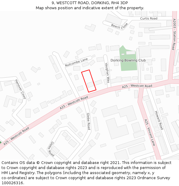 9, WESTCOTT ROAD, DORKING, RH4 3DP: Location map and indicative extent of plot