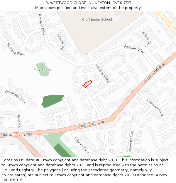 9, WESTWOOD CLOSE, NUNEATON, CV10 7DB: Location map and indicative extent of plot