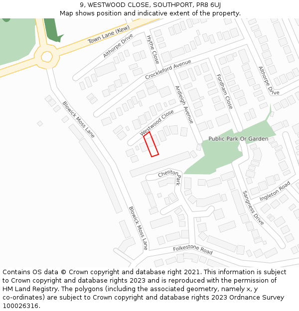 9, WESTWOOD CLOSE, SOUTHPORT, PR8 6UJ: Location map and indicative extent of plot