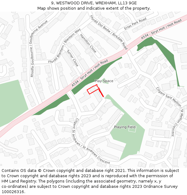 9, WESTWOOD DRIVE, WREXHAM, LL13 9GE: Location map and indicative extent of plot