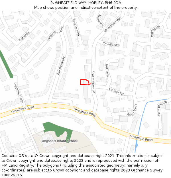 9, WHEATFIELD WAY, HORLEY, RH6 9DA: Location map and indicative extent of plot