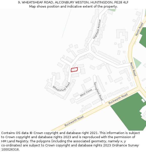 9, WHEATSHEAF ROAD, ALCONBURY WESTON, HUNTINGDON, PE28 4LF: Location map and indicative extent of plot