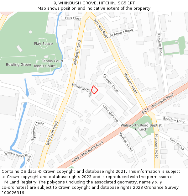 9, WHINBUSH GROVE, HITCHIN, SG5 1PT: Location map and indicative extent of plot