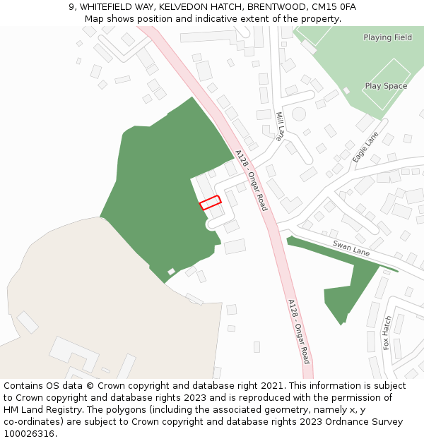 9, WHITEFIELD WAY, KELVEDON HATCH, BRENTWOOD, CM15 0FA: Location map and indicative extent of plot