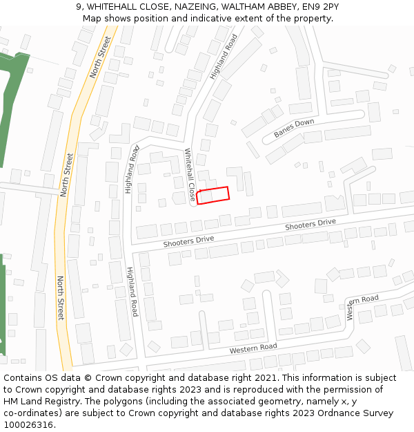 9, WHITEHALL CLOSE, NAZEING, WALTHAM ABBEY, EN9 2PY: Location map and indicative extent of plot