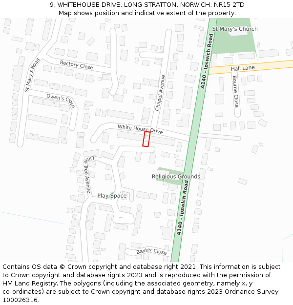 9, WHITEHOUSE DRIVE, LONG STRATTON, NORWICH, NR15 2TD: Location map and indicative extent of plot