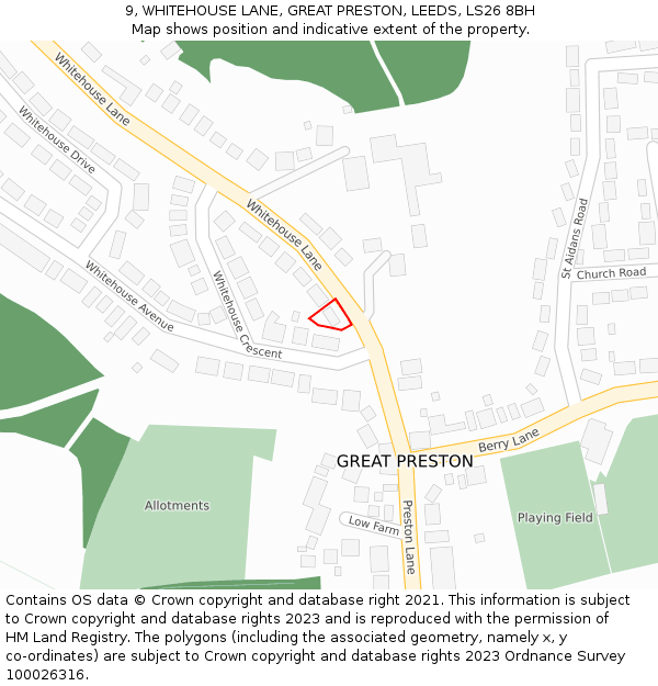 9, WHITEHOUSE LANE, GREAT PRESTON, LEEDS, LS26 8BH: Location map and indicative extent of plot