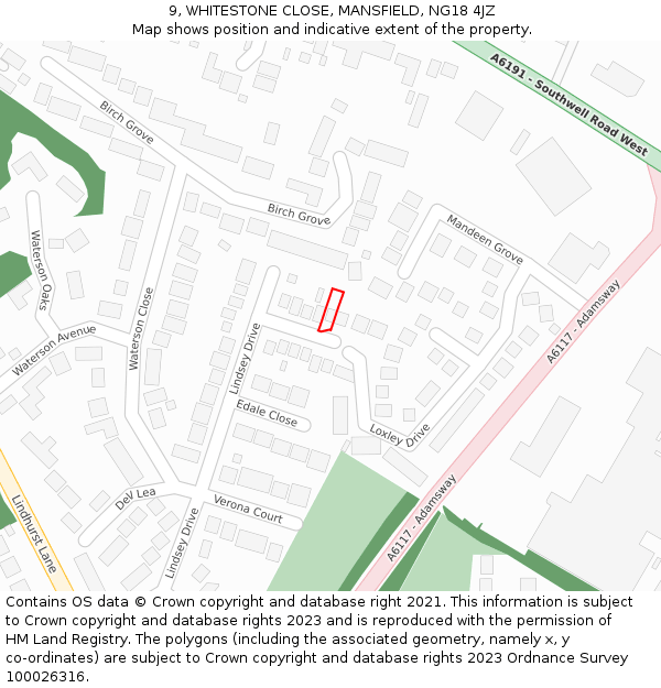 9, WHITESTONE CLOSE, MANSFIELD, NG18 4JZ: Location map and indicative extent of plot