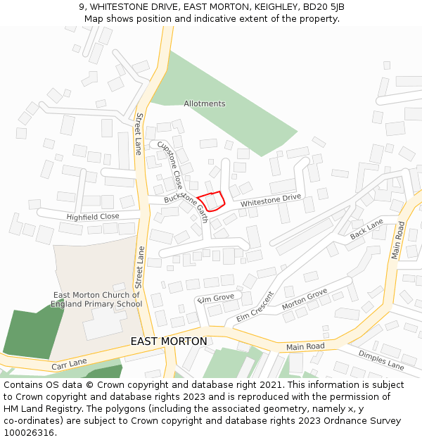 9, WHITESTONE DRIVE, EAST MORTON, KEIGHLEY, BD20 5JB: Location map and indicative extent of plot