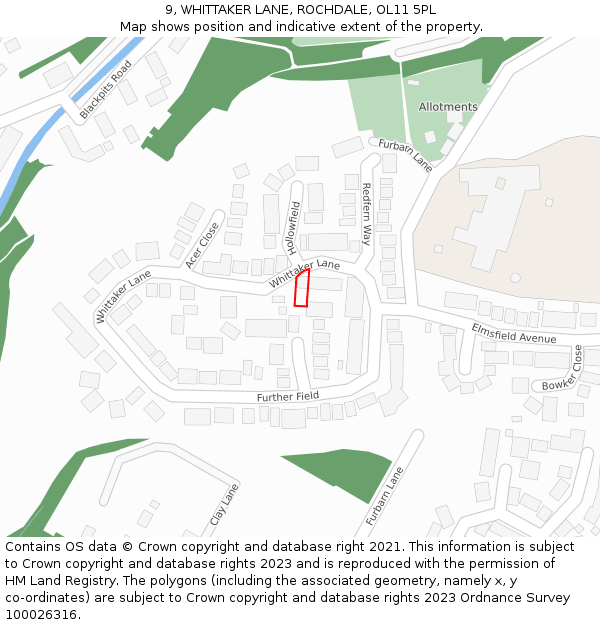 9, WHITTAKER LANE, ROCHDALE, OL11 5PL: Location map and indicative extent of plot