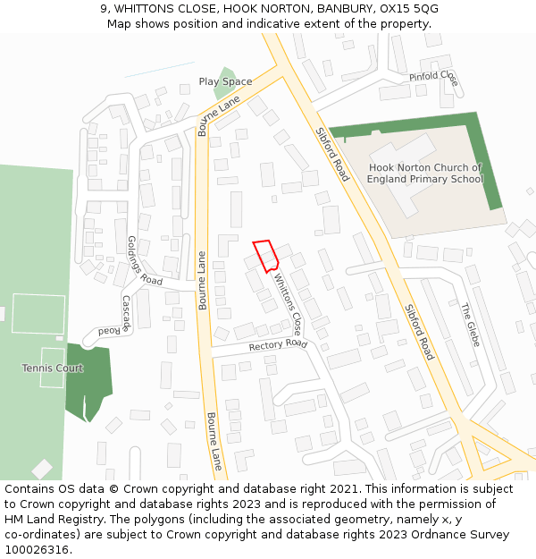 9, WHITTONS CLOSE, HOOK NORTON, BANBURY, OX15 5QG: Location map and indicative extent of plot