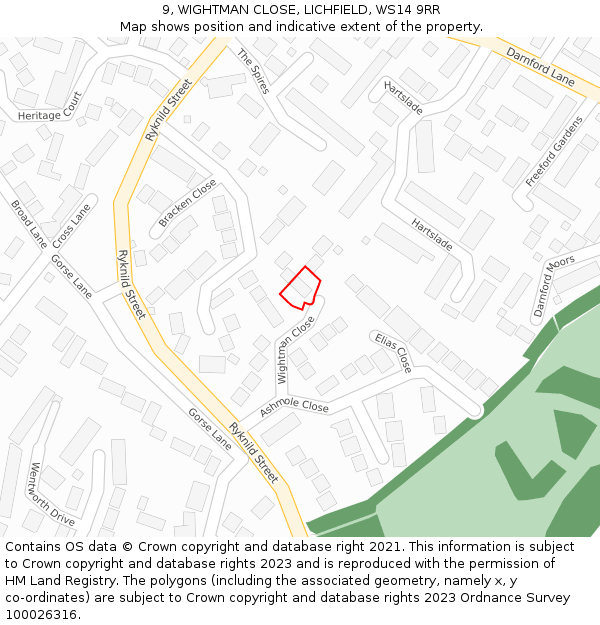 9, WIGHTMAN CLOSE, LICHFIELD, WS14 9RR: Location map and indicative extent of plot